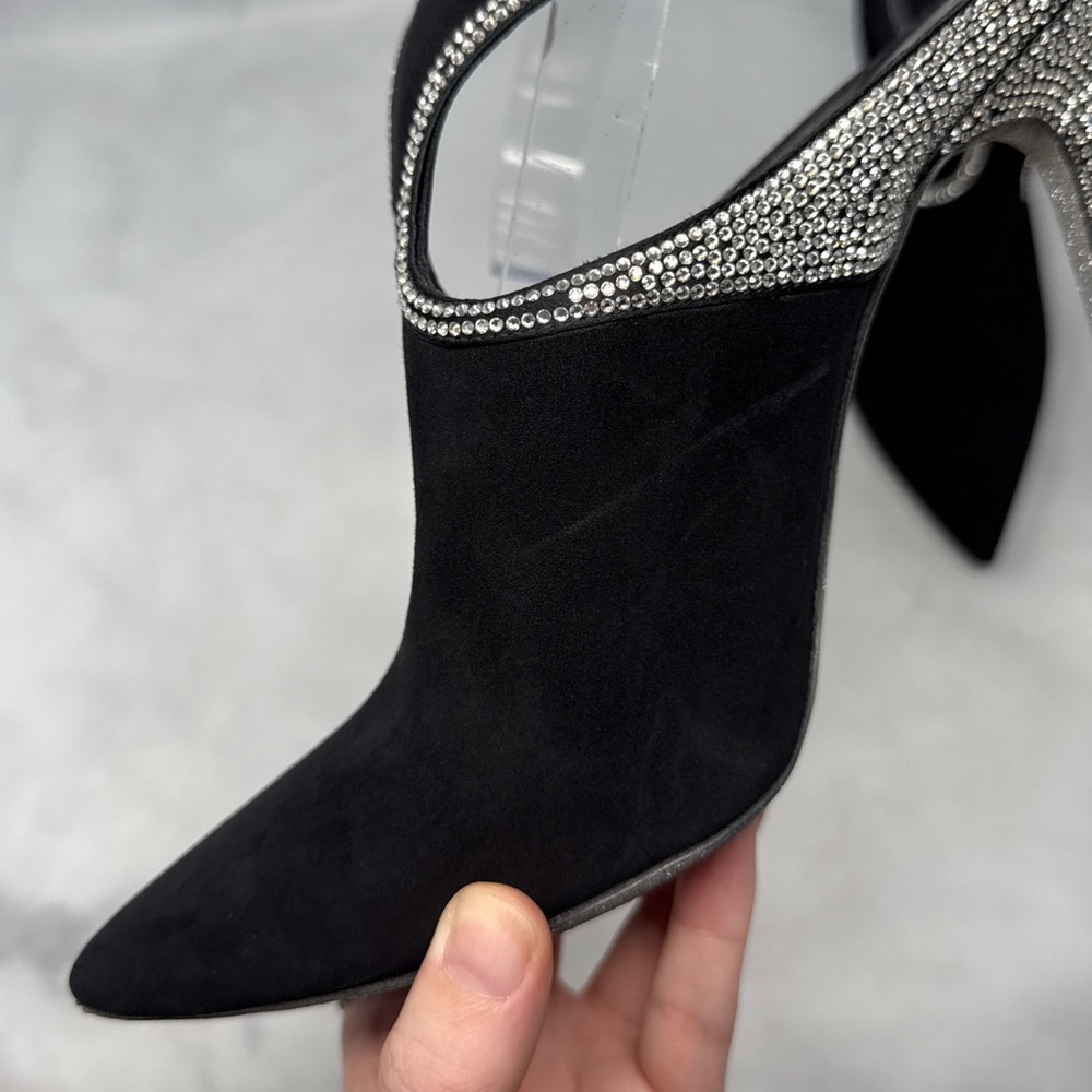 Rene Caovilla Strass Embellished Suede Pointed Toe Open Back Ankle Bootie Heels - Picture 11 of 16